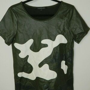 Timo Weiland Top Women's Army Green Leather Abstract Camo Look Size 4‎